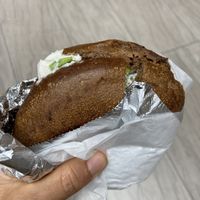 Pumpernickel bagel with tofu scallion cream cheese  at Pick A Bagel in New York City