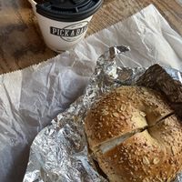 Everything bagel with tofu cream cheese and coffee with almond milkk  at Pick A Bagel in New York City