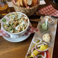 Pea soup and a starter with several spreads and delicious bread  at Bubi's Schihuette in Soelden