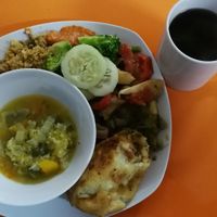 Quinoa, sopa, sofrito y yuca rellena at Vegetalia in Lima