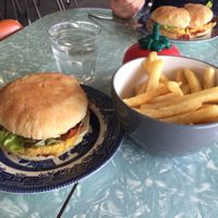 vegan burger with chips cooked in oil at Poppita's Cafe in Leeston