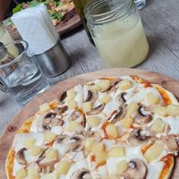 Pizza with Pineapple and Mushrooms (vegan cheese) at La Matatena Pizzeria in Oaxaca