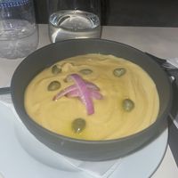 Raw onion on the fava starter hit the spot!  at Aroma Avlis in Santorini