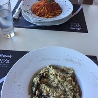 Mushroom risotto and tomato pasta  at Aroma Avlis in Santorini
