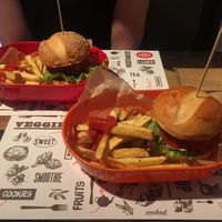 Beetroot & blackbean burger with handcut chips  at Marta's Veggie Fusion in Split