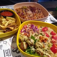 Mix a la wok, skin on fries, falafel bowl at Marta's Veggie Fusion in Split