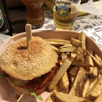 Beet Burger with fries.  So good!  at Marta's Veggie Fusion in Split