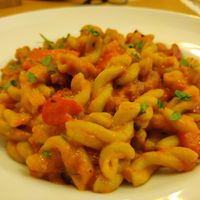 Spinach pasta, called vegan ragu. Quite good and as a main course quite large. at Pastaus in Valletta