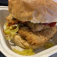 Tofu fried chick’n, avocado, spicy pepperoncini, roasted red peppers, & Alabama white bbq at Orchard Grocer in New York City