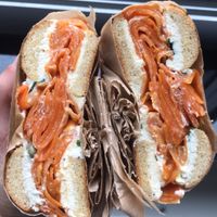 The Edith (gluten-free everything bagel, house-made cashew cream cheese, carrot lox, capers, chives) at Orchard Grocer in New York City
