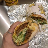 Vegetarian black bean on white bread with BBQ sauce, hummus, avocado, tomato, lettuce, and onions   at Which Wich in Clovis