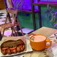 Big hot dog (seitan) with in-house vegan mayo and berry lemonade!  at Anahata Fine Food in Kyiv