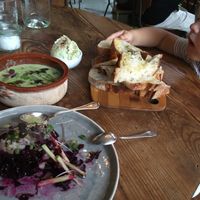 Soup, beetroot tatar, bread and garlic spread at Mineral in Malmo