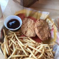 Vegan Chicken with Fries, barbeque sauce, and Lemonade at Joella's in Indianapolis