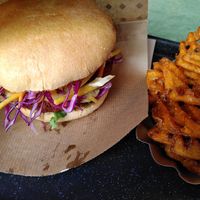 Cheeseburger and sweet patatoes fries at Swing Kitchen - Josefstadt in Vienna