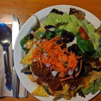 Nachos with quinoa, pinto beans, tons of veggies, vegan cheeze sauce.  Not pictured -- chocolate cake w gf option! at Indralaya in Orcas Island