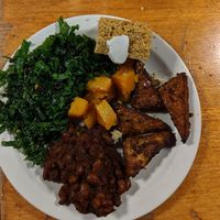 BBQ tempeh, baked beans, kale salad, cornbread w gf option and Miyoko's butter, and butternut squash.  Dessert not pictured: heirloom apple crisp! at Indralaya in Orcas Island