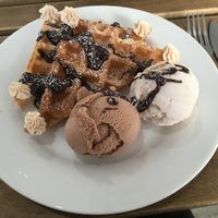 Vegan waffles with ice cream, chocolate sauce and whipped cream. at Gelato 101 Vegan Artisan in Northbridge