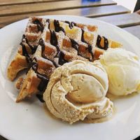 Waffles with salted caramel and passionfruit ice-cream  at Gelato 101 Vegan Artisan in Northbridge