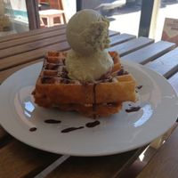 Waffles with pistachio and banana icecrem at Gelato 101 Vegan Artisan in Northbridge