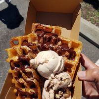 Snickers and Tiramisu vegan ice cream and vegan waffle at Gelato 101 Vegan Artisan in Northbridge