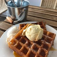Waffle, burned caramel and white chocolate+pb ice cream with caramel sauce at Gelato 101 Vegan Artisan in Northbridge