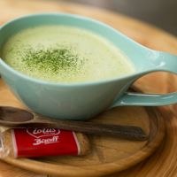 Powdered Green Tea Latte with Soy bean flour at Cafe Stay Happy in Tokyo