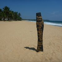 Sign on the beach mentioning vegan food at Thambili Cafe in Hikkaduwa