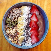 Chocolate smoothie bowl choice of fruits  at Khun Kae's Juice Bar in Chiang Mai
