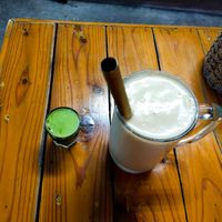 Banana peenut butter smithieand guta Kula shot at Khun Kae's Juice Bar in Chiang Mai