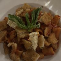 Vegan pasta alla Norma (requested breaded eggplant) still all vegan!  at Pazzo Wood Fired Pizza in Wading River