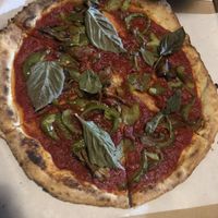  Vegan pizza, no pesto, no vegan cheese, just eggplant pepper and basil   at Pazzo Wood Fired Pizza in Wading River