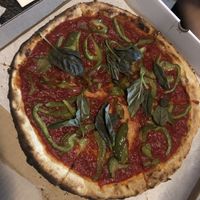Vegan pizza, no pesto, no vegan cheese, just  pepper and basil   at Pazzo Wood Fired Pizza in Wading River