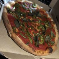 Vegan pizza , no vegan cheese , just bell pepper and basil   at Pazzo Wood Fired Pizza in Wading River