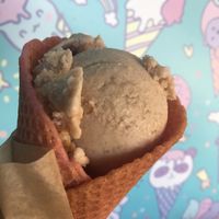 coconut based snickerdoodle gluten free vegan ice cream in a homemade gluten free cone  at Dear Bella Creamery in Hollywood