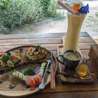 Avocado Feta toast, black coffee and a Rise and Shine smoothie. at Pure Vegan Heaven in Koh Phangan
