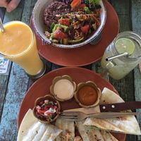 Quesadillas, thai bowl, mango passionfruit shake, yuzu lavender iced tea at Pure Vegan Heaven in Koh Phangan