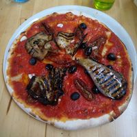 Vegan pizza with eggplant. The sauce is very good at Olio Doliva in Sofia