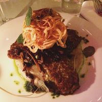 Mung bean & cauliflower patties served with chantarelles, artichoke puree and potato swirls.  at Bistro Bananas in Stockholm