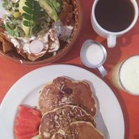 Hot cakes y chilaquiles manatí at El Manatí in Bacalar