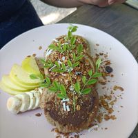 Hot cakes hechos con ingredientes radicales, con frutas at El Manatí in Bacalar