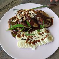 Hot cakes con ingredientes radicales de cocoa  at El Manatí in Bacalar
