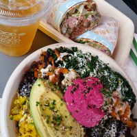 Macro bowl and carnitas crunch burrito at Vibe Organic Kitchen & Juice in Newport Beach
