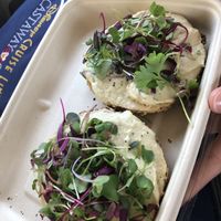 everything bagel with cream cheese. the whole thing was delicious at Vibe Organic Kitchen & Juice in Newport Beach