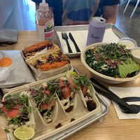 Front:mushroom walnut taco left: macro bowl and the last is of course BUDDHA BURGER ! at Vibe Organic Kitchen & Juice in Newport Beach