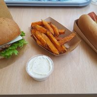 Mushroom burger, sweet potato fries, hotdog (with bacon) and tartar sauce.  at Khambú Quart in Valencia