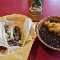 Soy Pastor taco, Ongos taco, and rice and black beans at Robo Taco in Portland