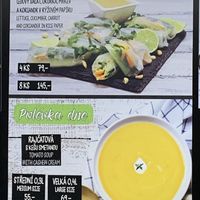 Spring rolls (lettuce, cucumber, carrot, coriander) and soup menu (changes daily) at Lifehouse Bistro in Prague