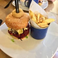 Vegan beet burger with chips at Food For Thought in Cardigan
