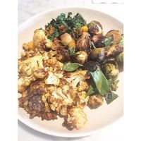3 vegan side dishes: Roasted Butternut Squash, Yuzu Brussels Sprouts, and Indian Spiced Cauliflower at Flower Child in Del Mar
